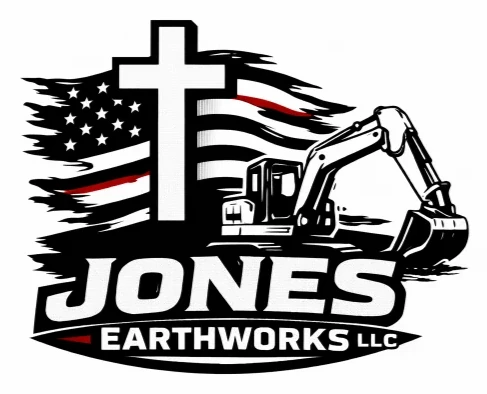 Jones EarthWorks mark: a cross over the flag with an excavator